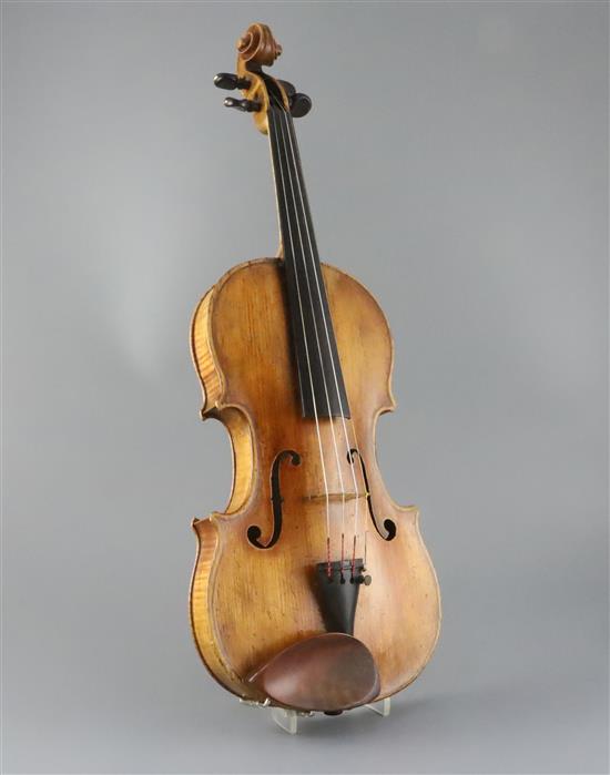 A school of Panormo violin, labelled Vicenzo Panormo, Londra 1793 in ink, length of back 35.2cm, minor restorations